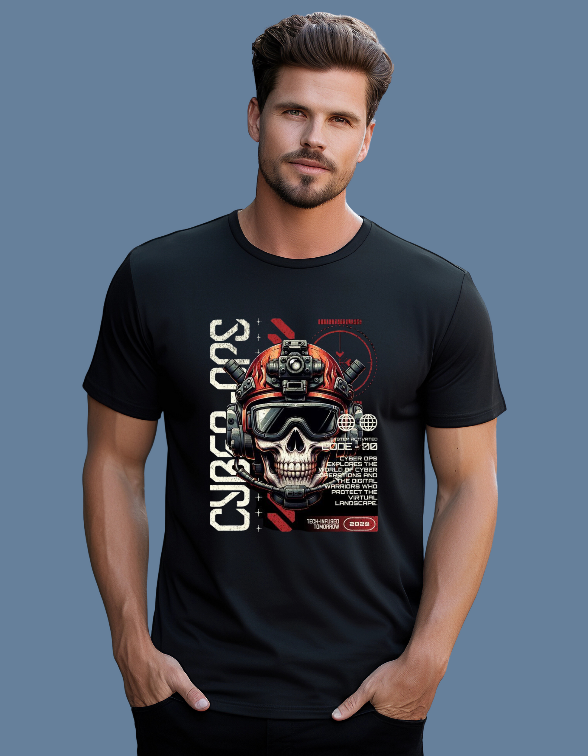 Premium Cotton Black Graphic T-Shirt for Men - Cyber Ops Skull - Emonke Store