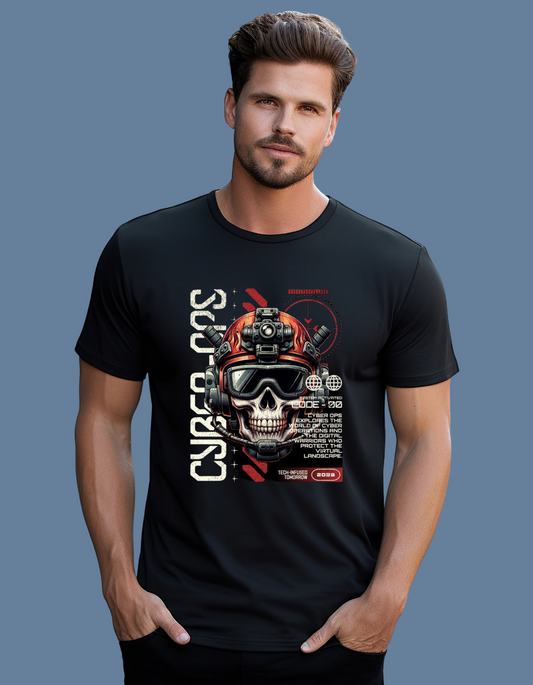 Premium Cotton Black Graphic T-Shirt for Men - Cyber Ops Skull - Emonke Store