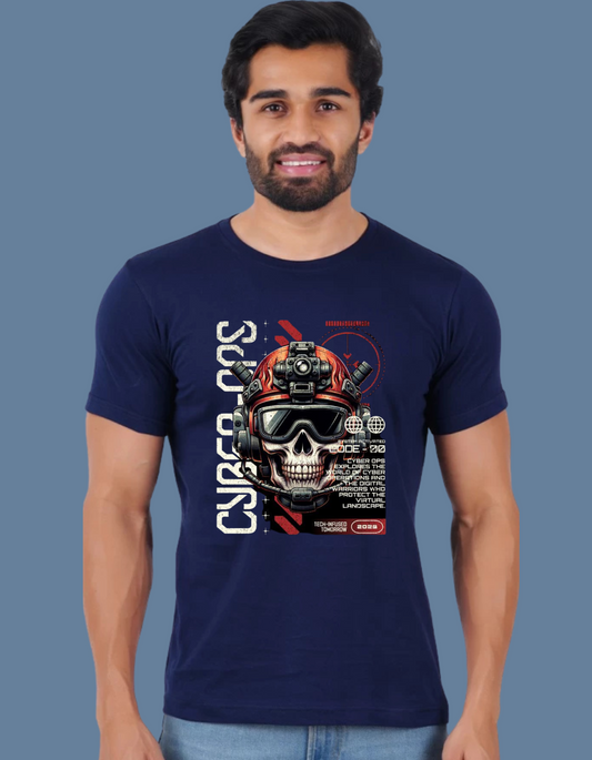 Premium Cotton Navy Blue Graphic T-Shirt for Men - Cyber Ops Skull - Emonke Store