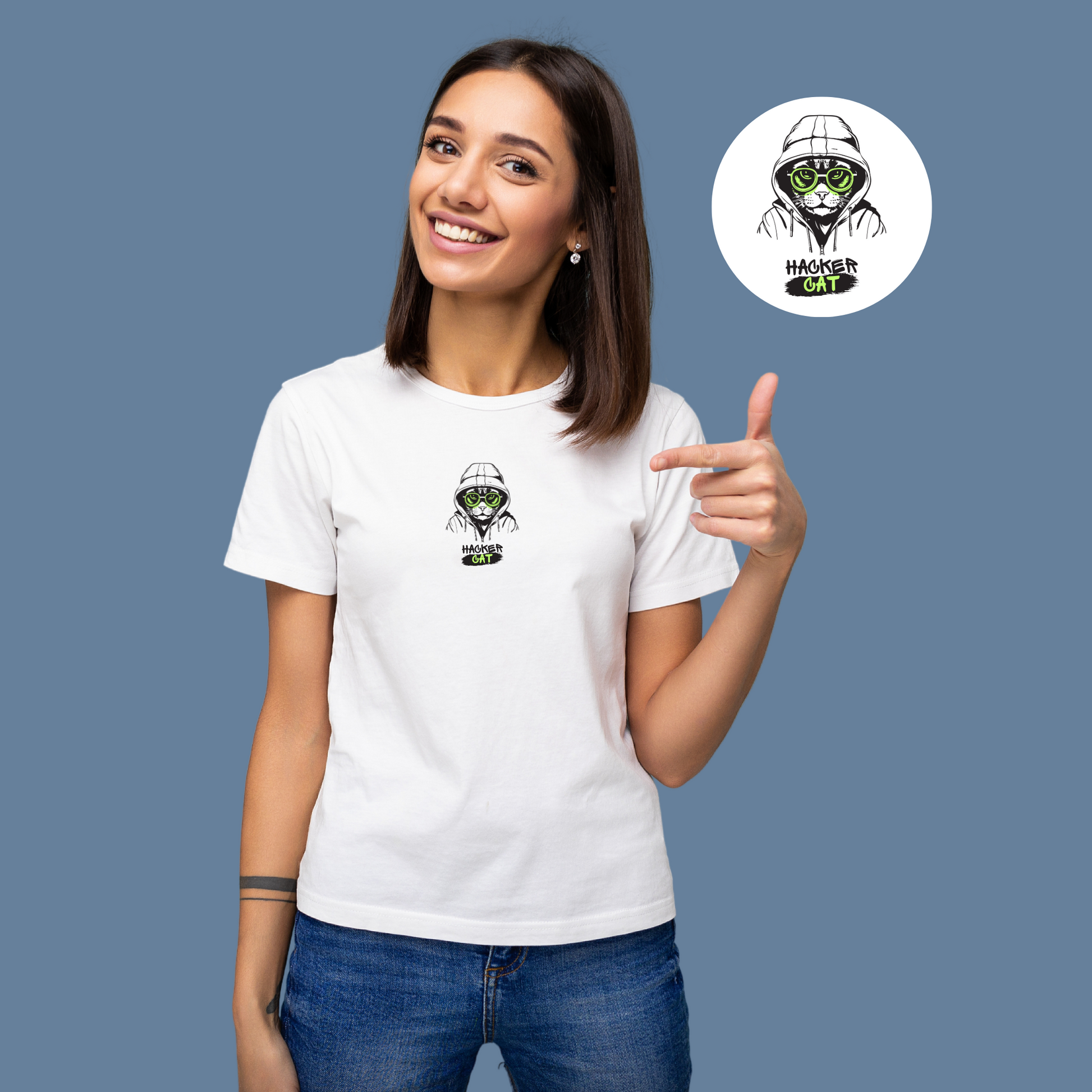 Premium Cotton White Graphic T-Shirt for Women - Hacker Cat - Emonke Store