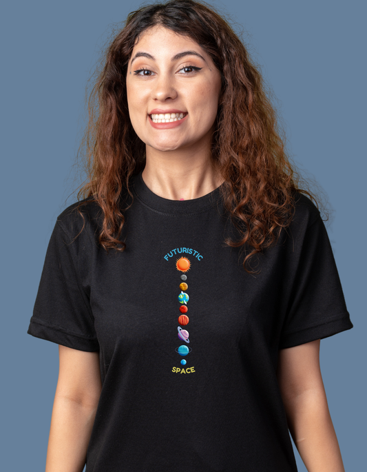 Premium Cotton Black Graphic T-Shirt for Women - Futuristic Space - Emonke Store