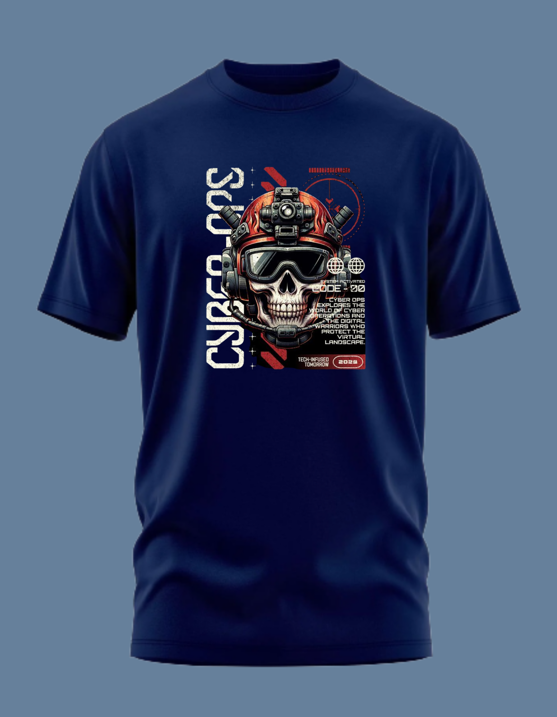 Premium Cotton Navy Blue Graphic T-Shirt for Men - Cyber Ops Skull - Emonke Store