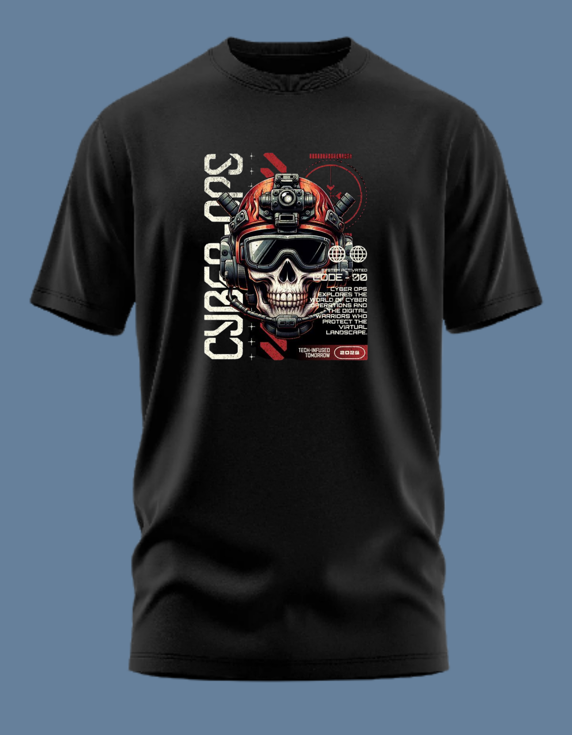 Premium Cotton Black Graphic T-Shirt for Women - Cyber Ops Skull - Emonke Store