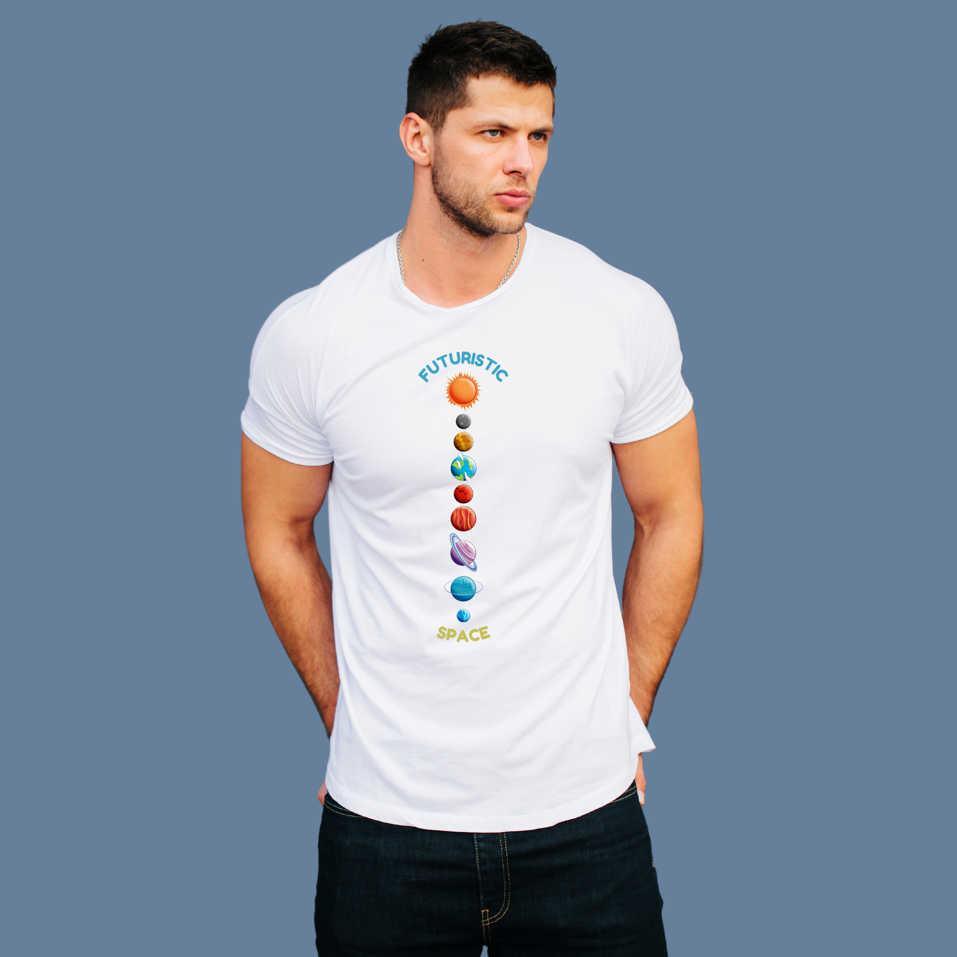 Premium Cotton White Graphic T-Shirt for Men - Futuristic Space - Emonke Store