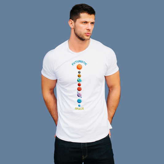 Premium Cotton White Graphic T-Shirt for Men - Futuristic Space - Emonke Store
