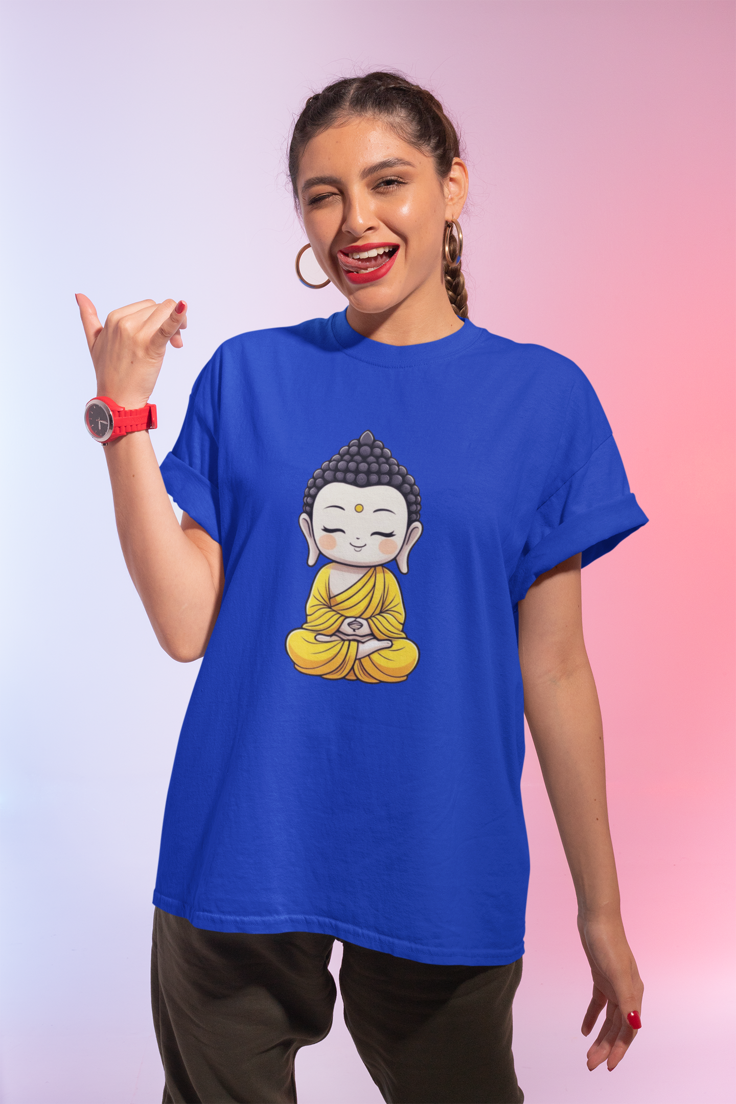 Premium Cotton Blue Graphic T-Shirt for Women - Buddha