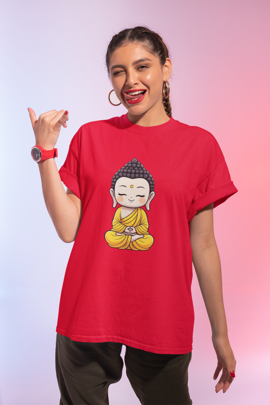 Premium Cotton Red Graphic T-Shirt for Women - Buddha