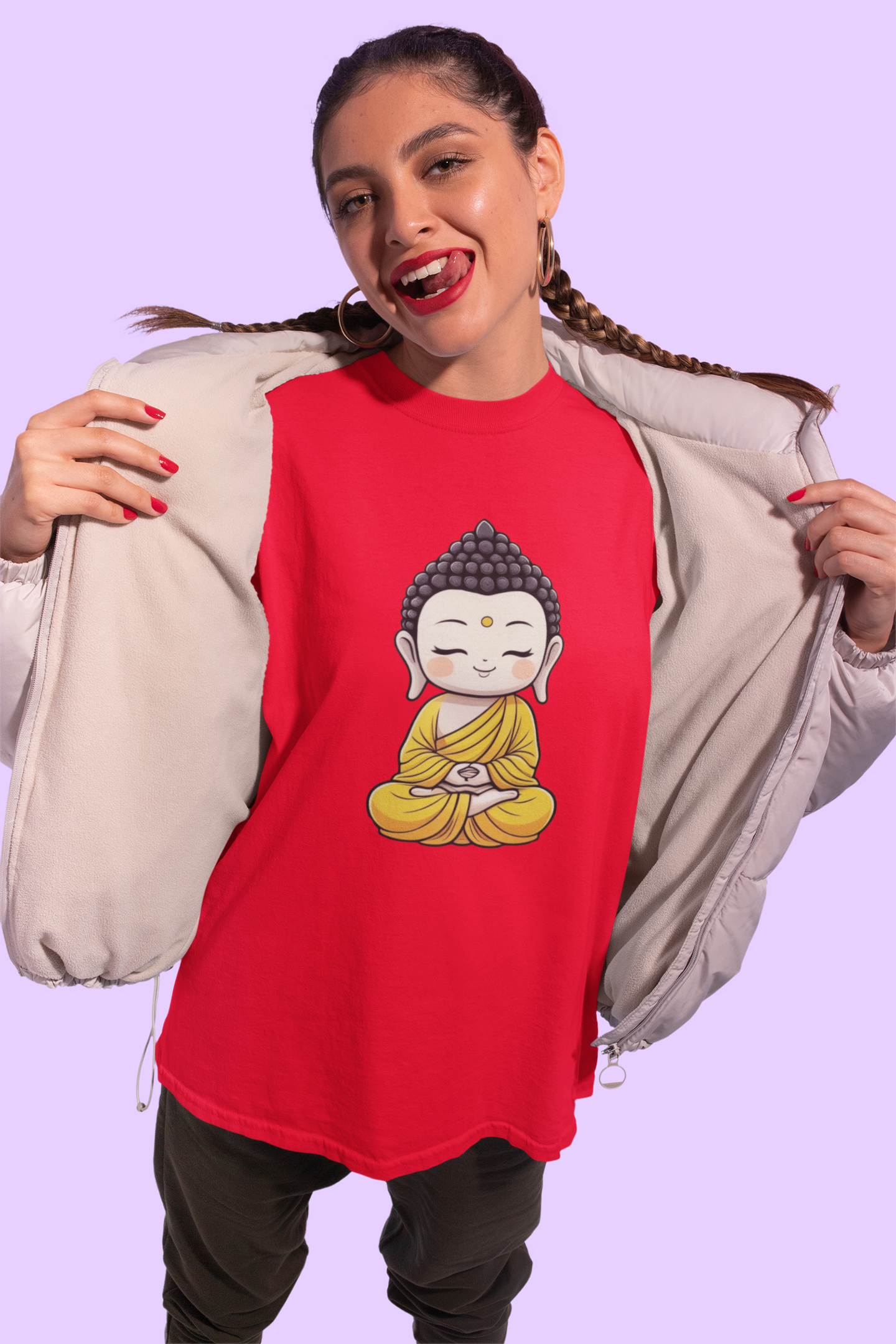 Premium Cotton Red Graphic T-Shirt for Women - Buddha