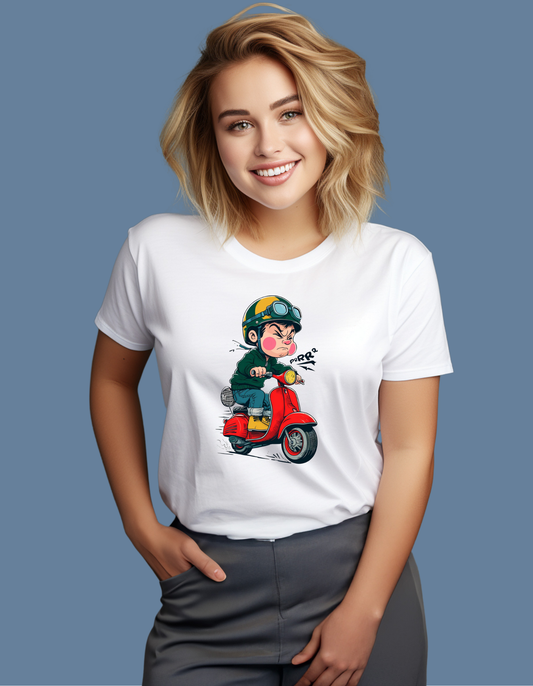 Premium Cotton White Graphic T-Shirt for Women - Retro Scooter Rider - Emonke Store