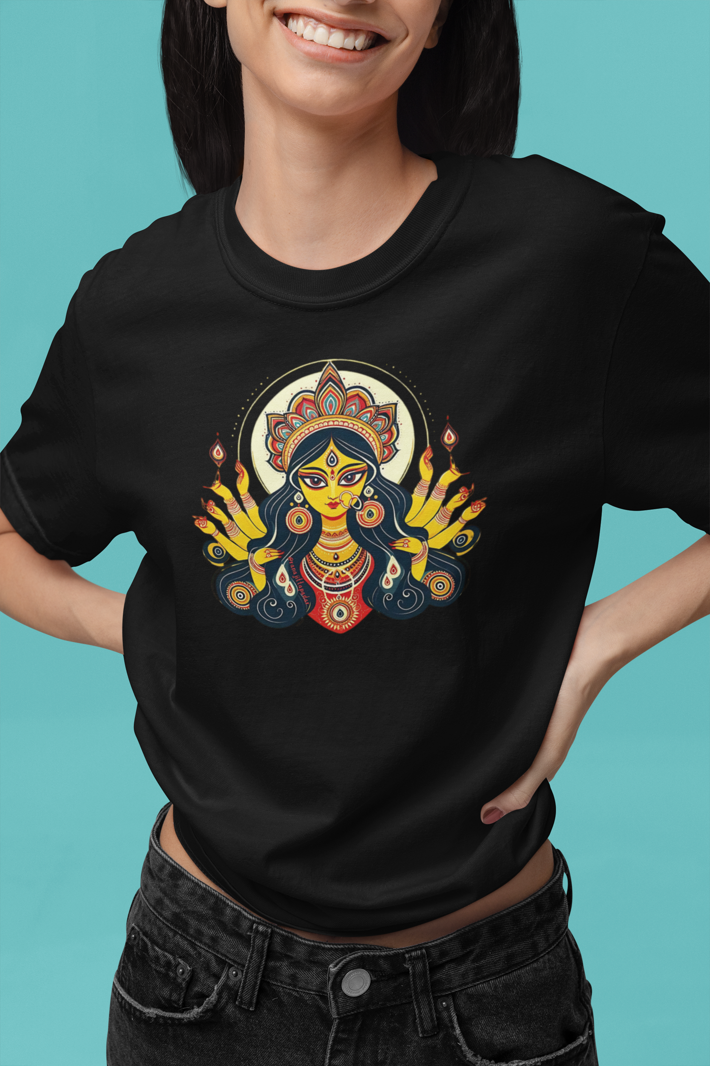 Premium Cotton Black Graphic T-Shirt for Women - Durga