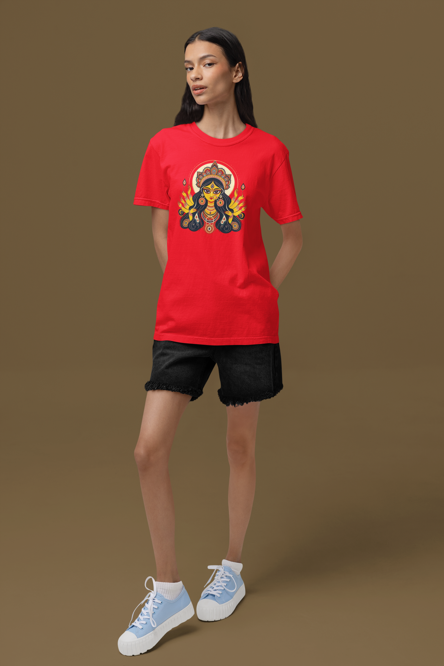 Premium Cotton Red Graphic T-Shirt for Women - Durga