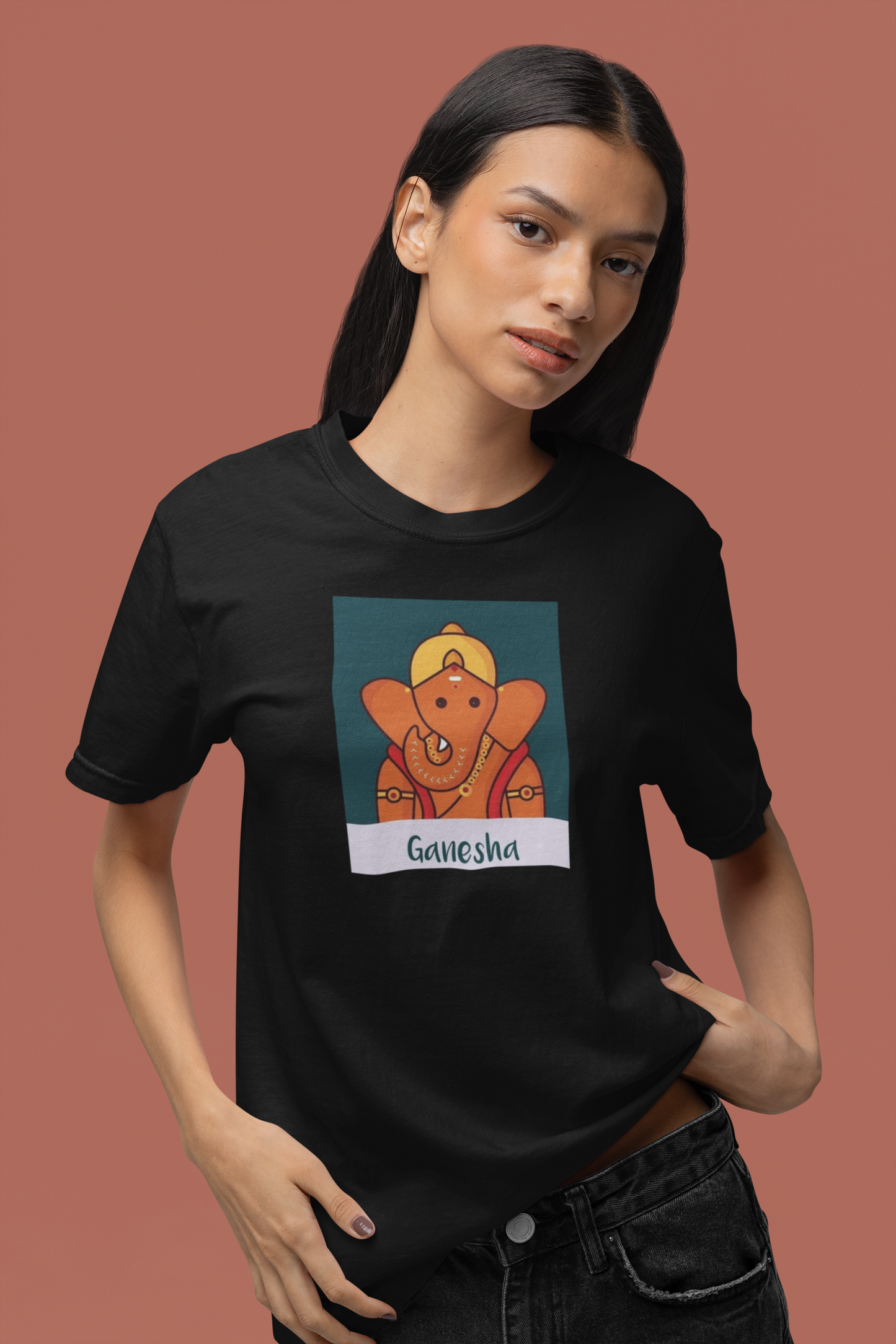 Premium Cotton Black Graphic T-Shirt for Women - Ganesha