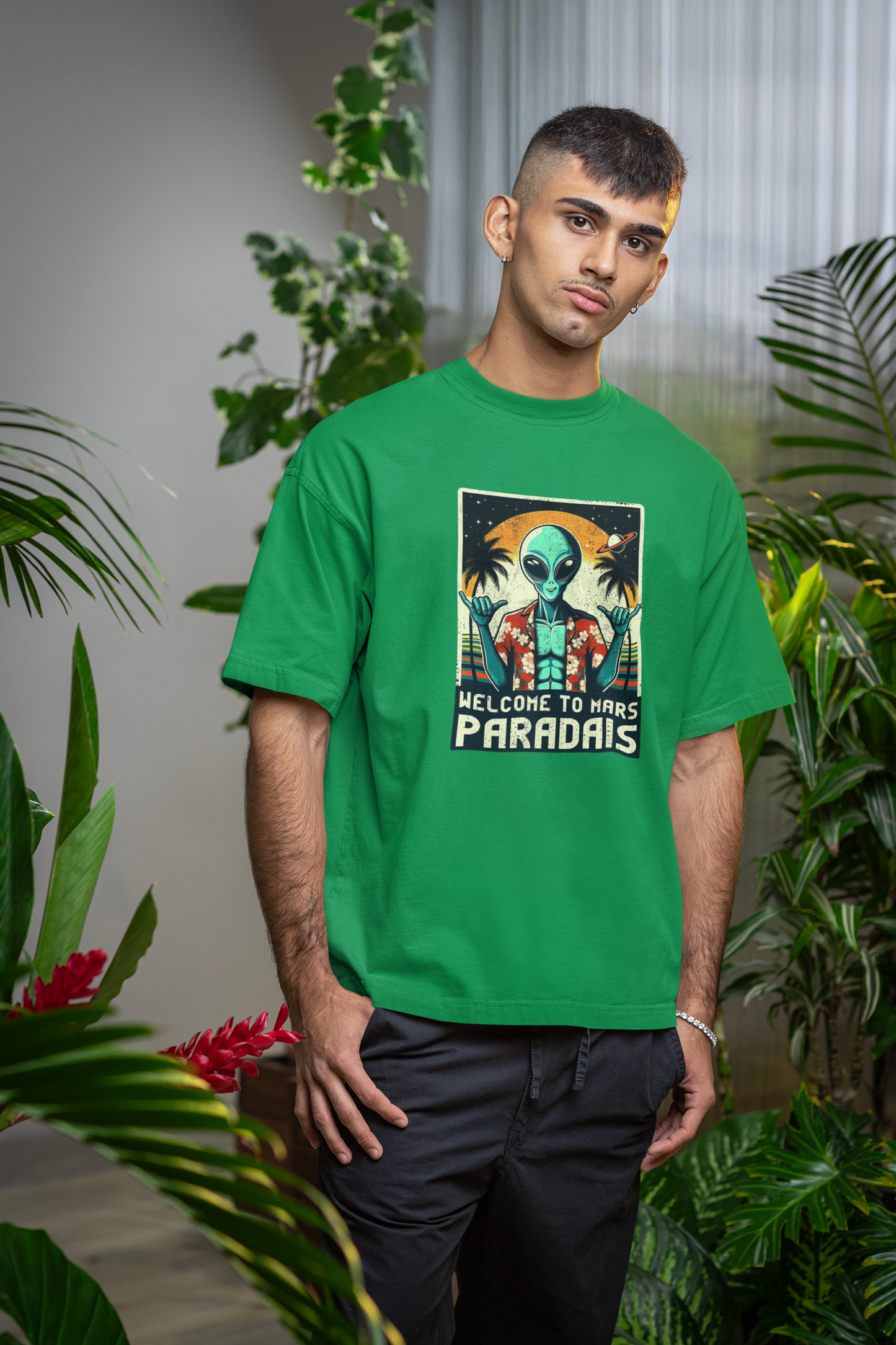 Emonke Oversized Green Graphic T-Shirt for Men – Alien Paradise