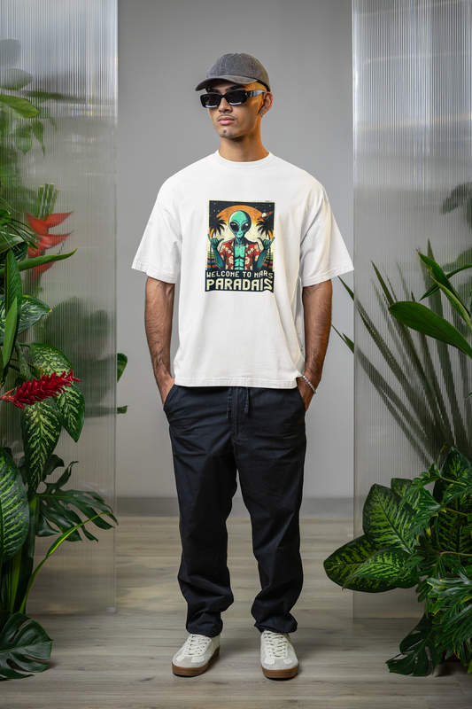 Emonke Oversized White Graphic T-Shirt for Men – Alien Paradise
