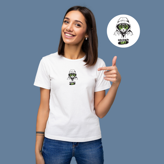 Premium Cotton White Graphic T-Shirt for Women - Hacker Cat - Emonke Store
