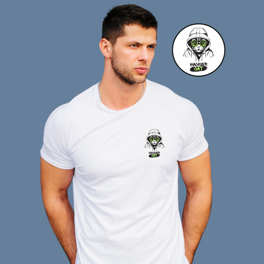 Premium Cotton White Graphic T-Shirt for Men - Hacker Cat - Emonke Store