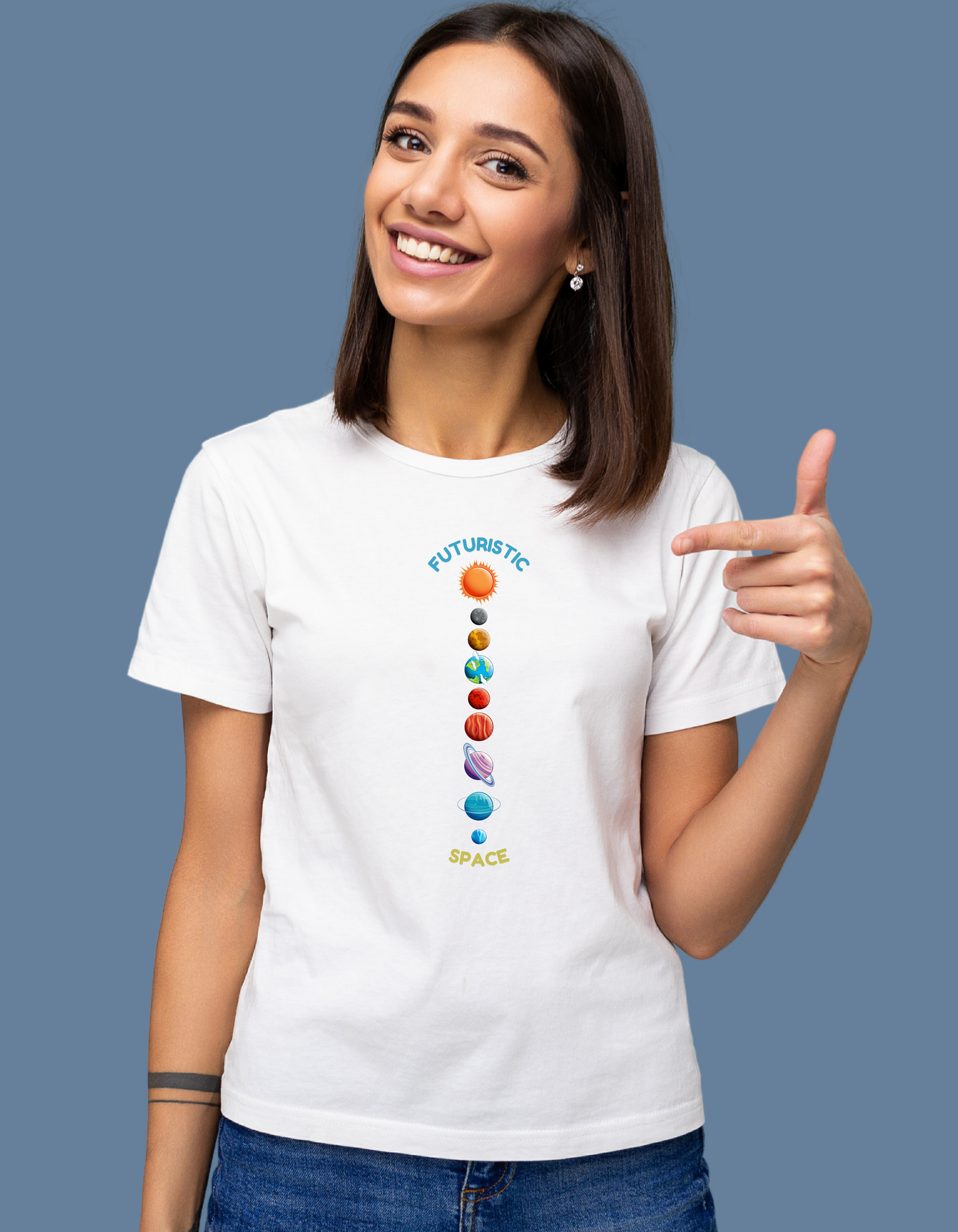 Premium Cotton White Graphic T-Shirt for Women - Futuristic Space