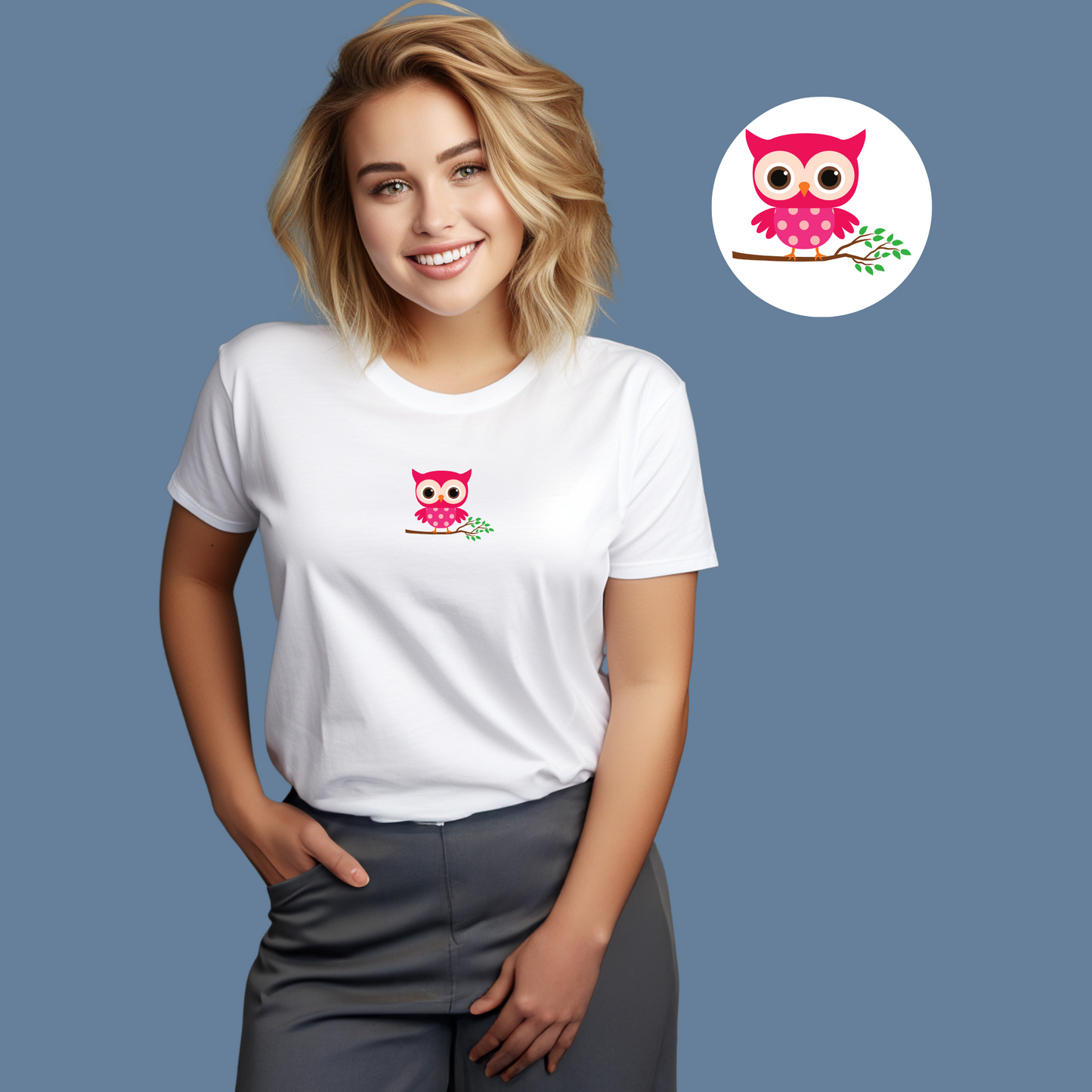 Premium Cotton White Graphic T-Shirt for Women - Pink Owl - Emonke Store