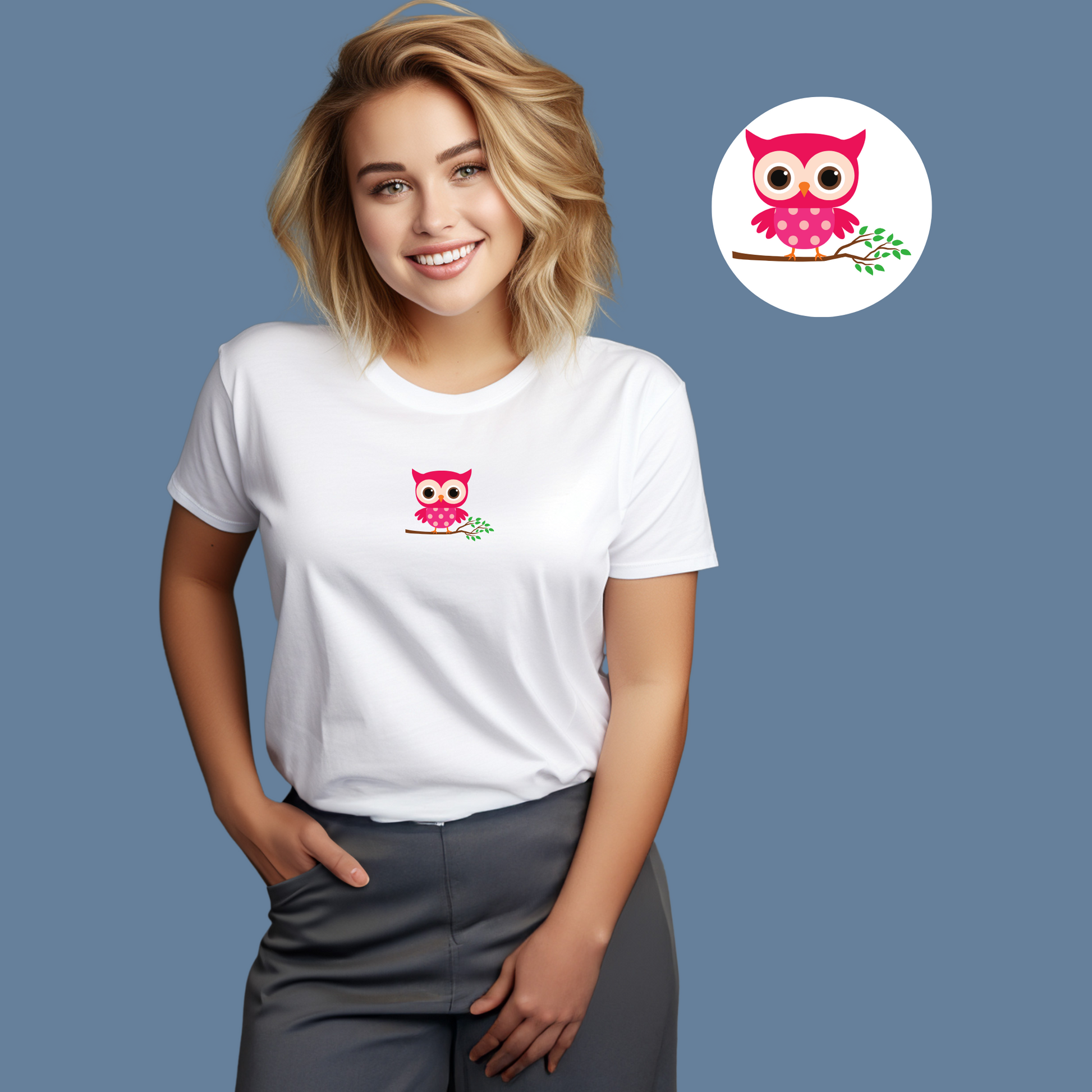 Premium Cotton White Graphic T-Shirt for Women - Pink Owl - Emonke Store