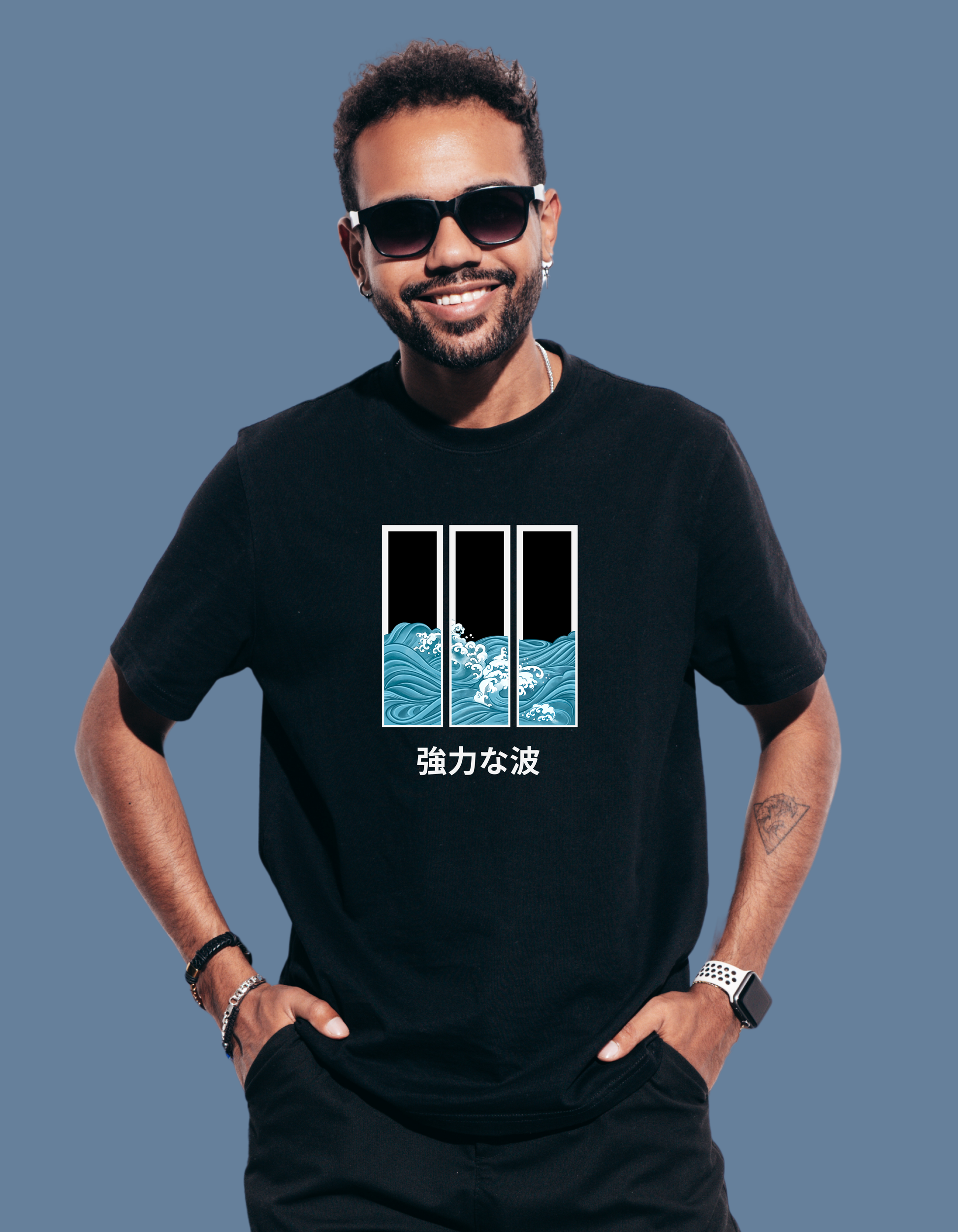 Premium Cotton Black Graphic T-Shirt for Men - Powerful Waves - Emonke Store