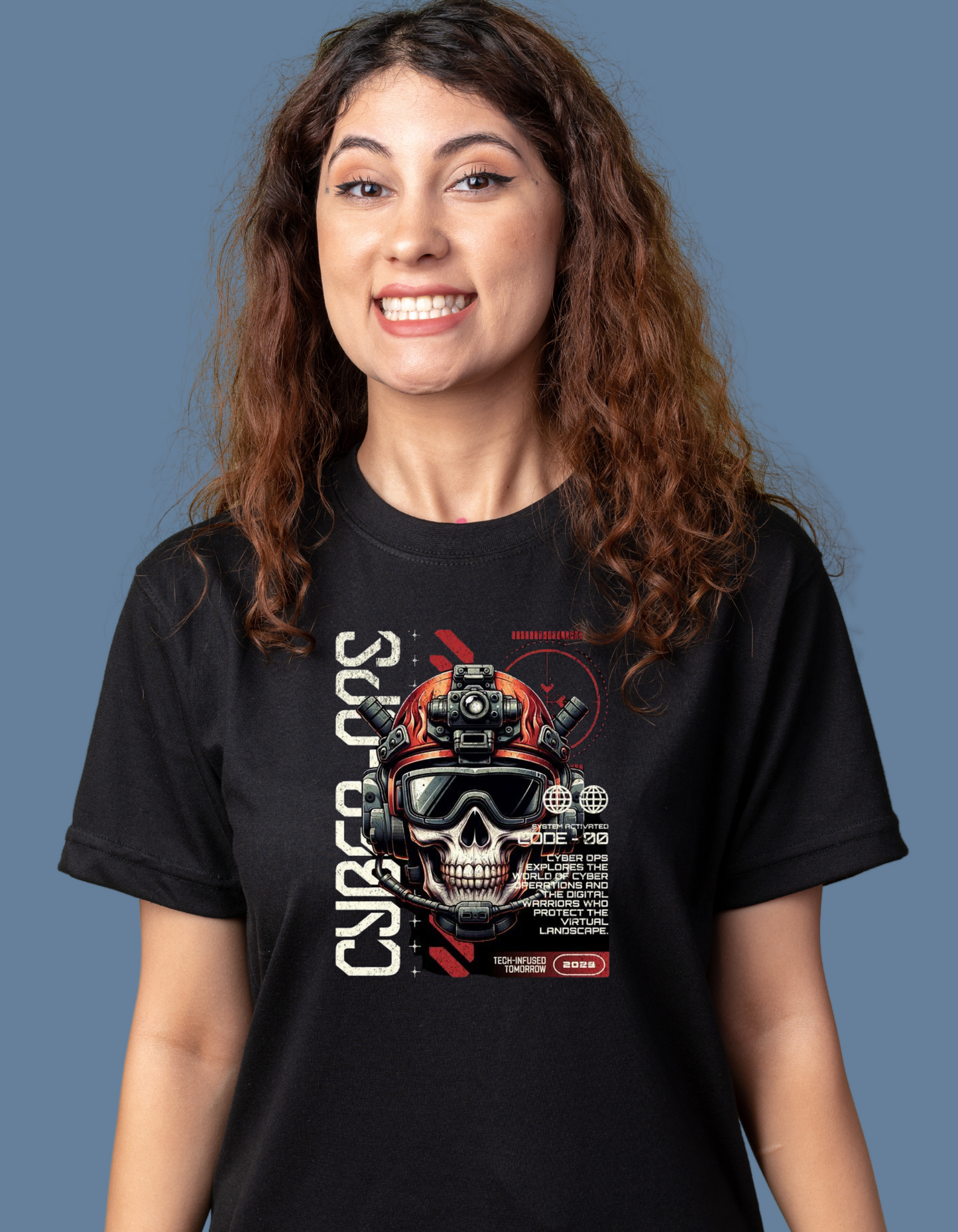 Premium Cotton Black Graphic T-Shirt for Women - Cyber Ops Skull