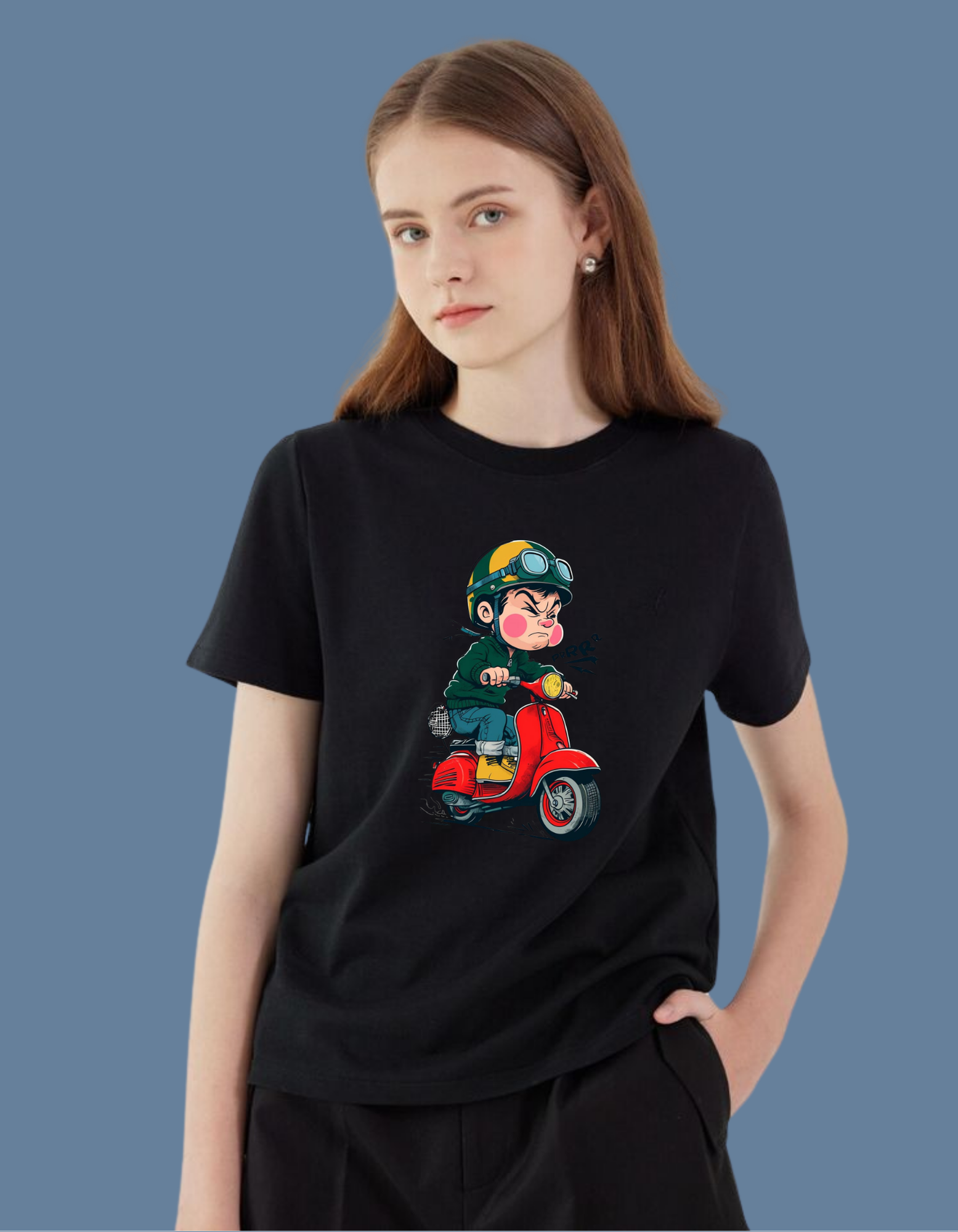 Premium Cotton Black Graphic T-Shirt for Women - Retro Scooter Rider - Emonke Store