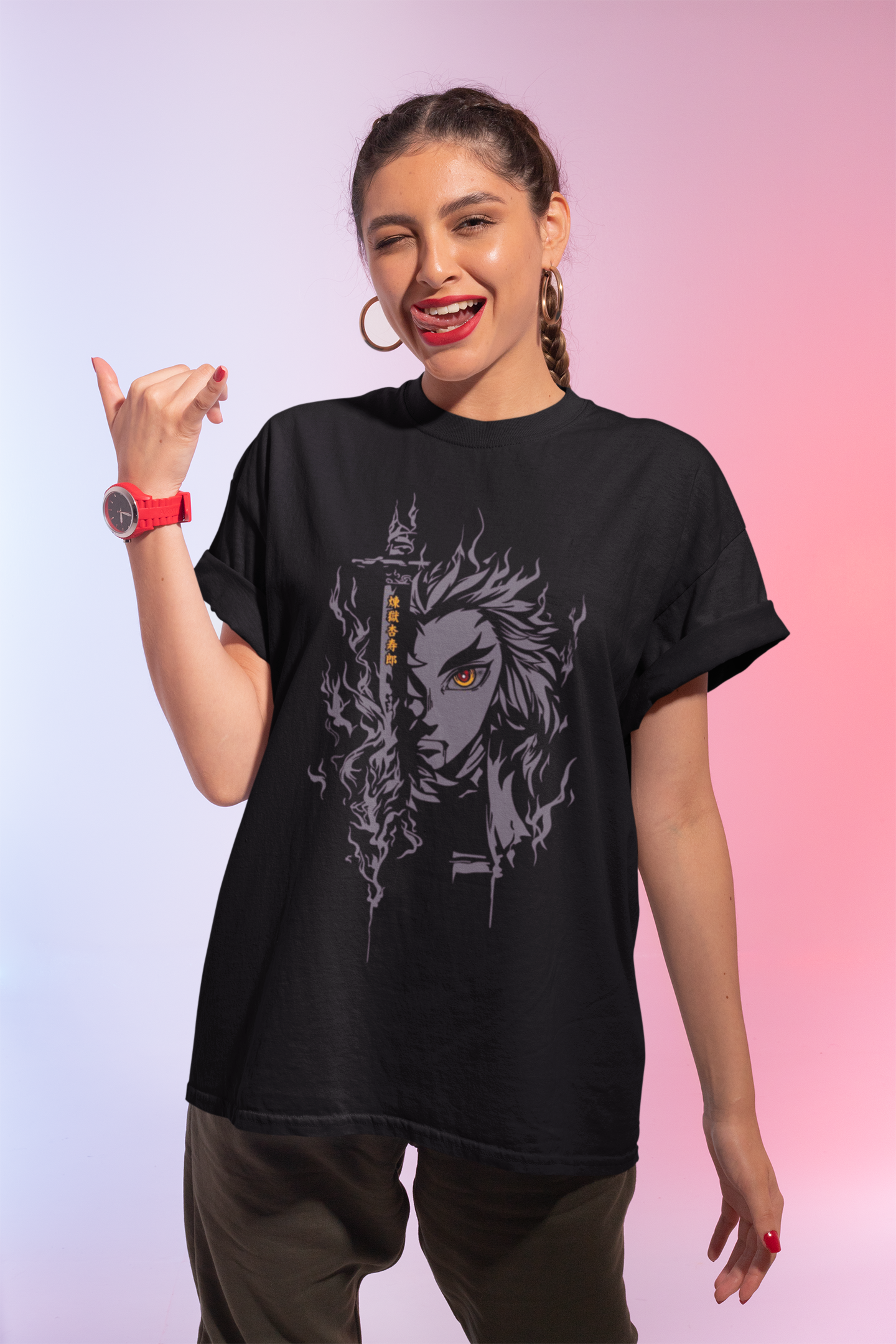 Premium Oversize Cotton Black Graphic T-Shirt for Women - Demon Slayer