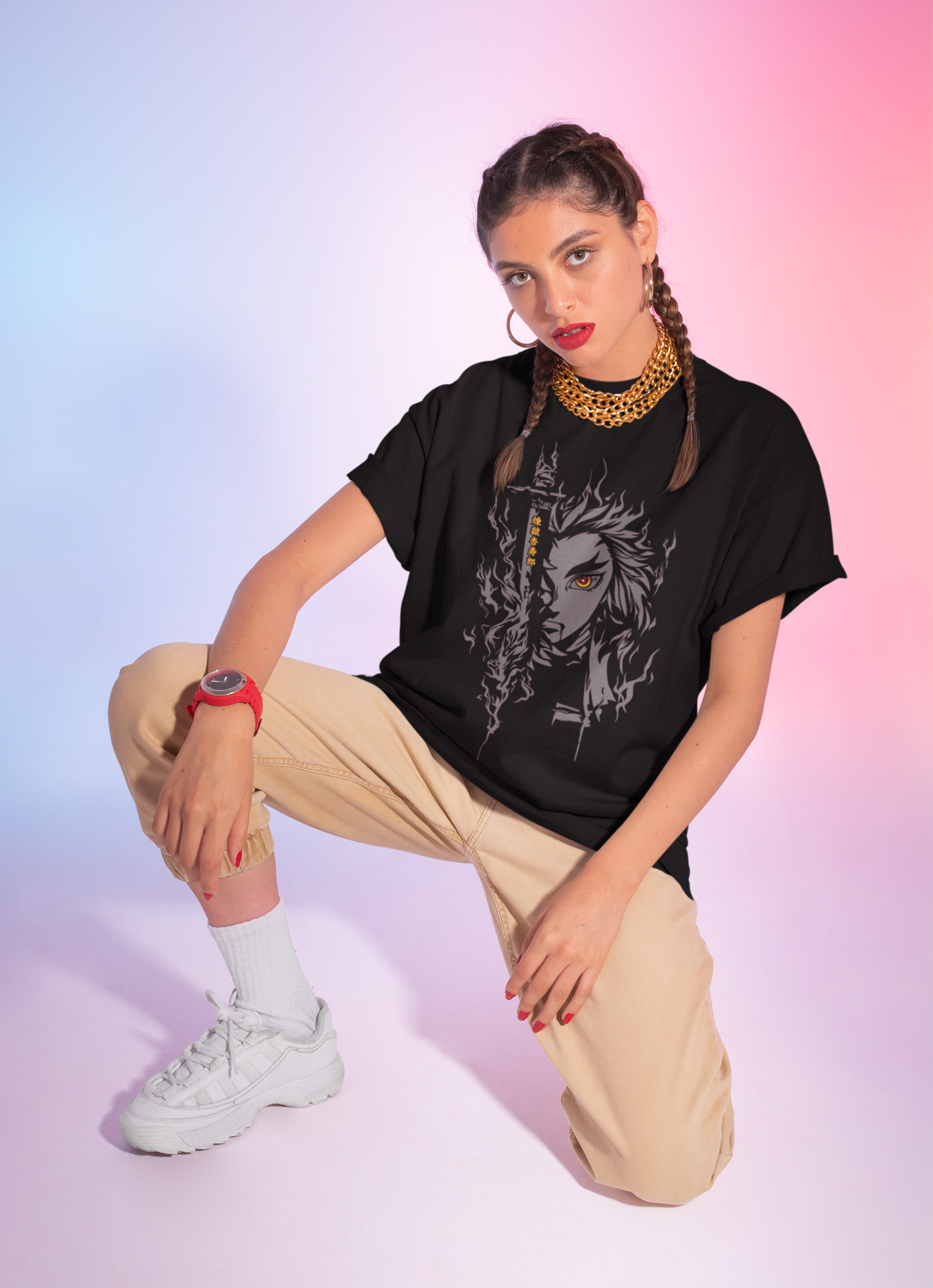 Premium Oversize Cotton Black Graphic T-Shirt for Women - Demon Slayer