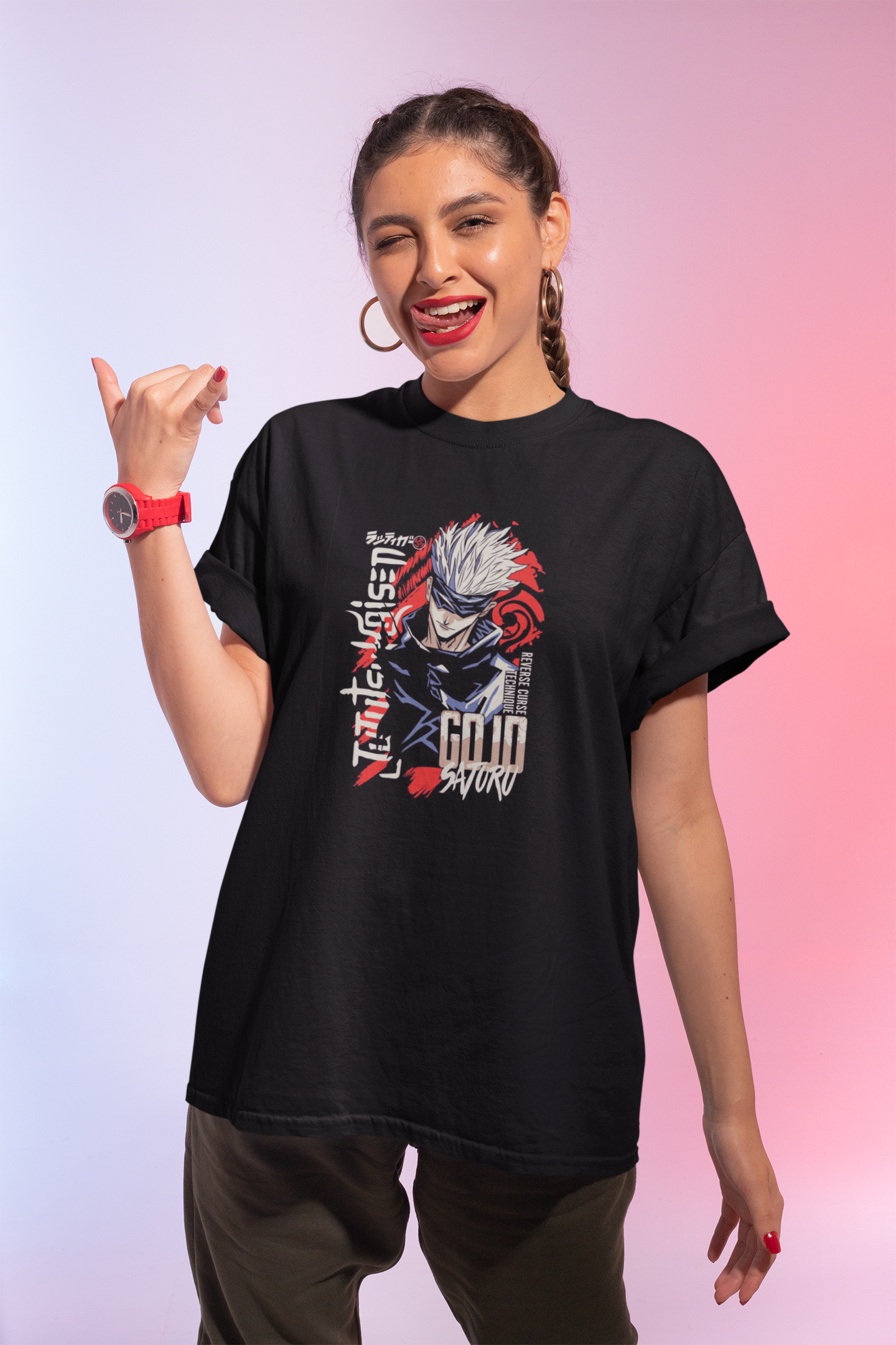 Premium Oversize Cotton Black Graphic T-Shirt for Women - Jujutsu Kaisen