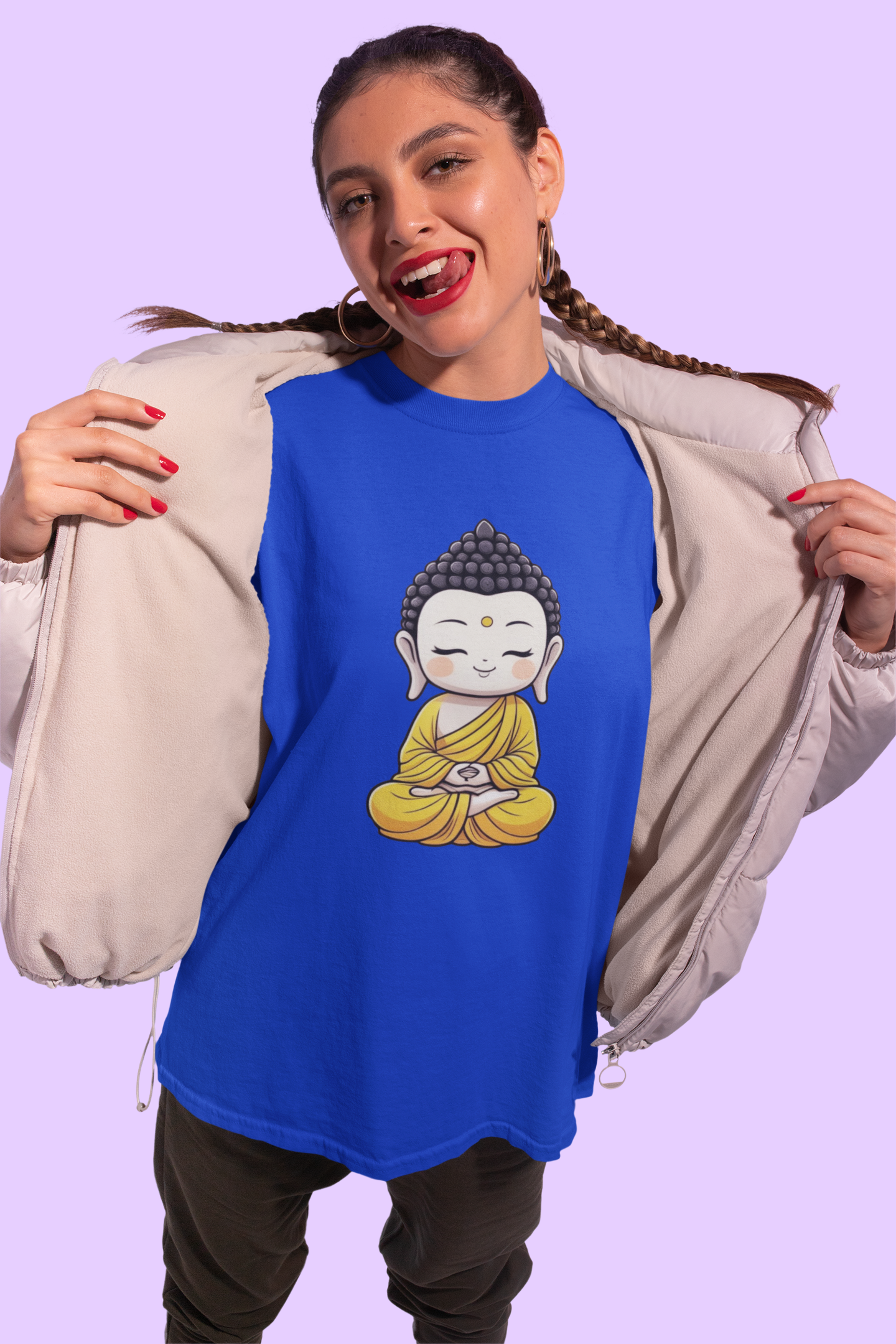 Premium Cotton Blue Graphic T-Shirt for Women - Buddha