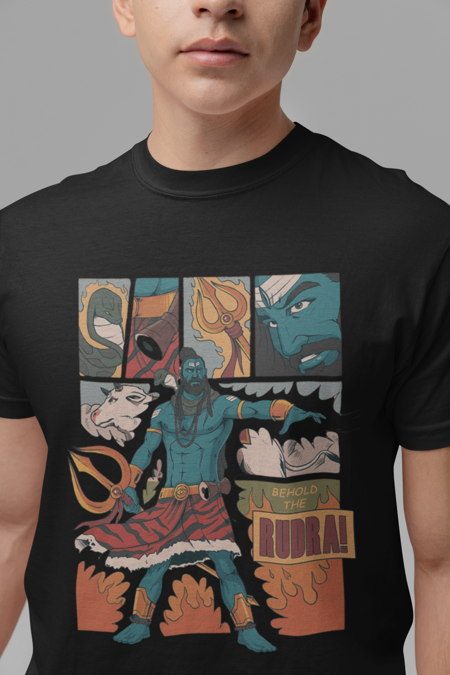 Graphic T-Shirt for Men | Premium Cotton | Rudra Print | Regular Fit | Black, White Pearl blue