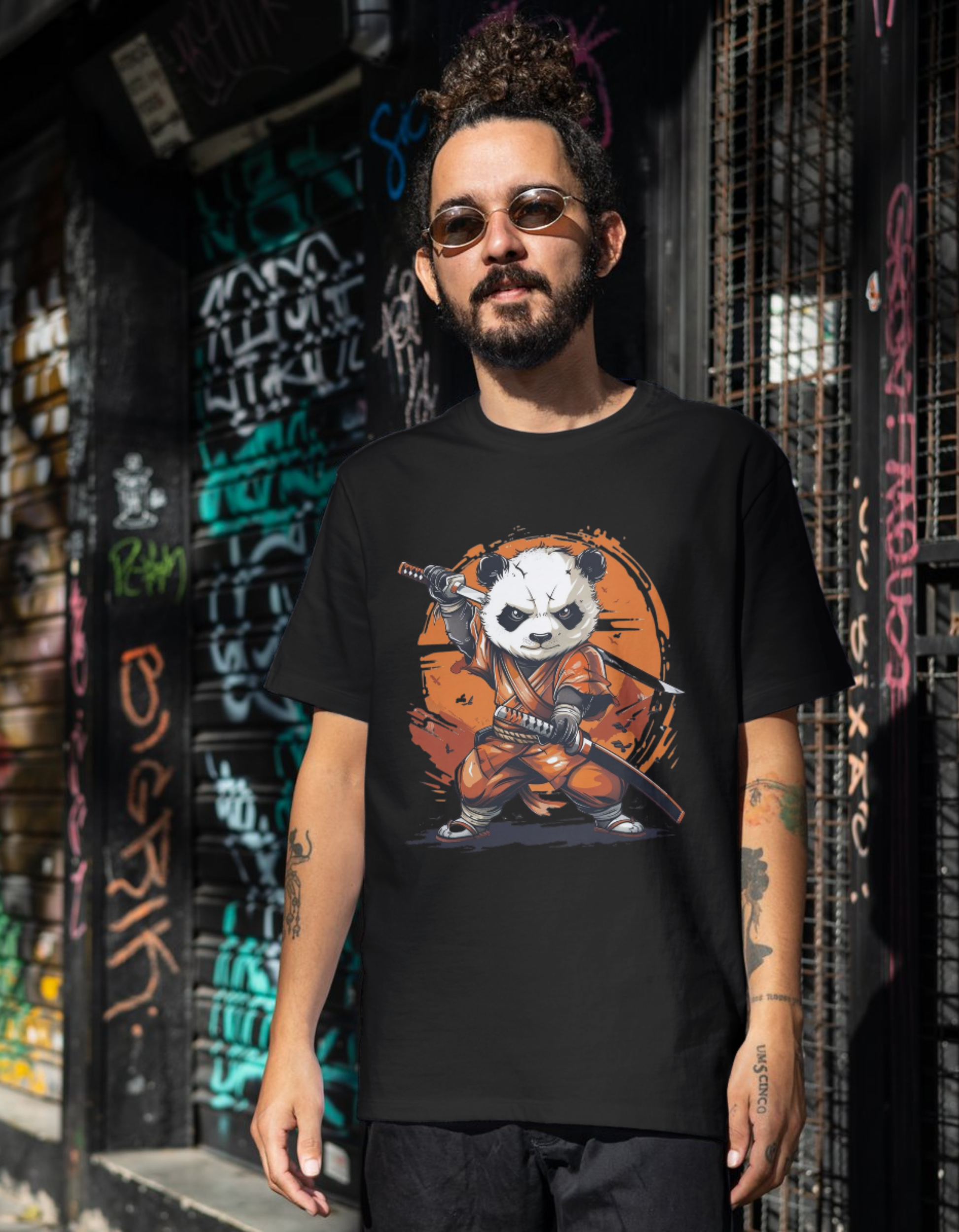 Premium Cotton Black Graphic T-Shirt for Men - Samurai Panda - Emonke Store