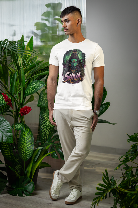 White Graphic T-Shirt for Men | Premium Cotton | Shiva Print | Regular Fit - Emonke Store