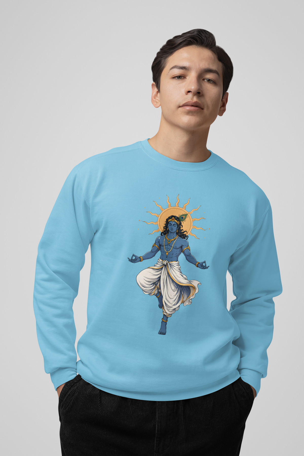Emonke 350 GSM Oversized White & Skyblue Graphic Sweatshirt for Men - Krishna