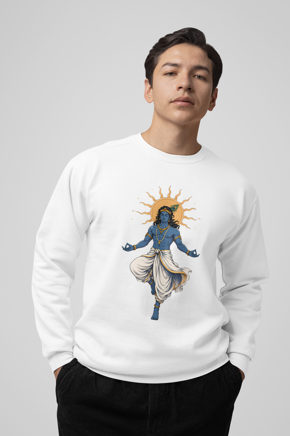 Emonke 350 GSM Oversized White & Skyblue Graphic Sweatshirt for Men - Krishna