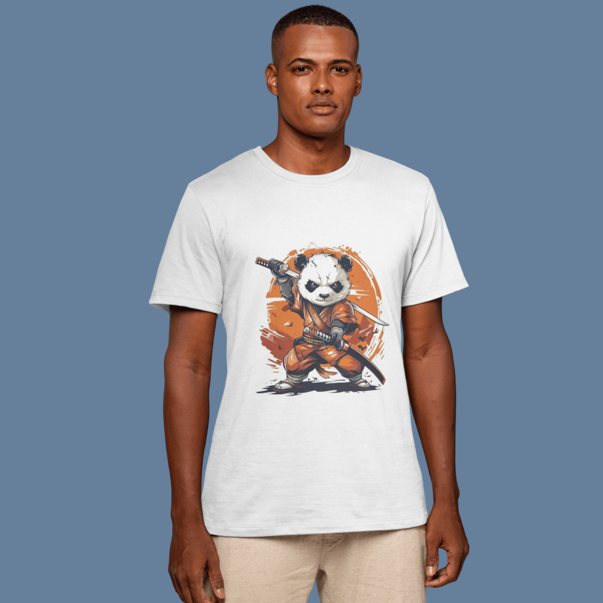 Premium Cotton White Graphic T-Shirt for Men - Samurai Panda - Emonke Store