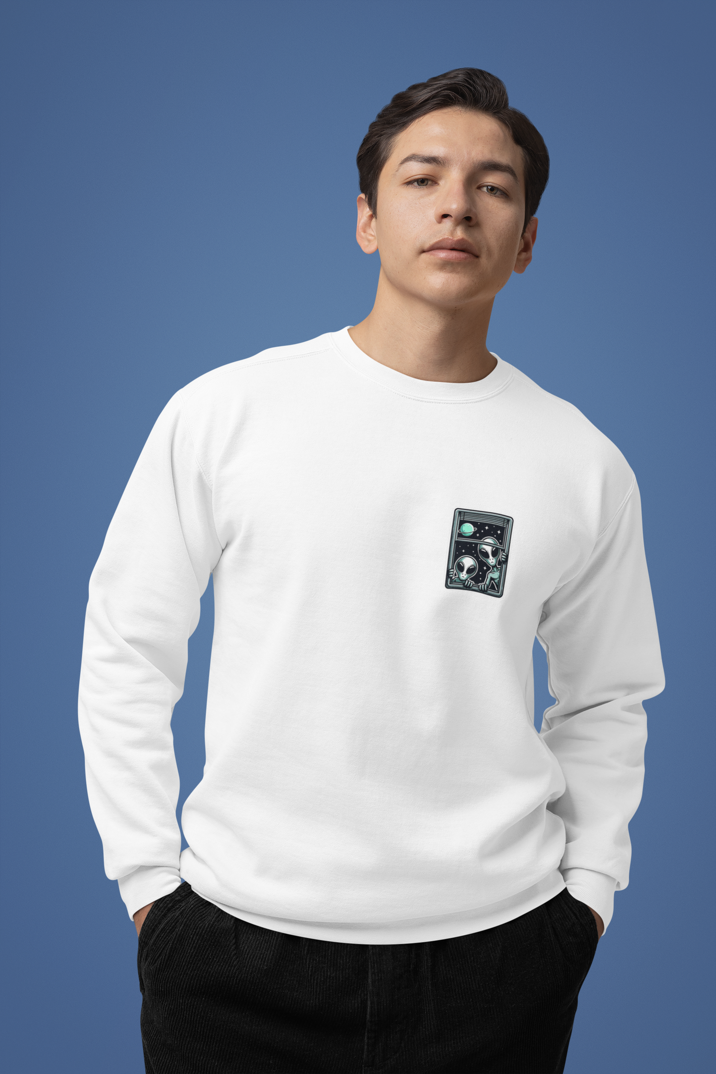 Emonke 350 GSM Oversized White Graphic Sweatshirt for Men - Alien