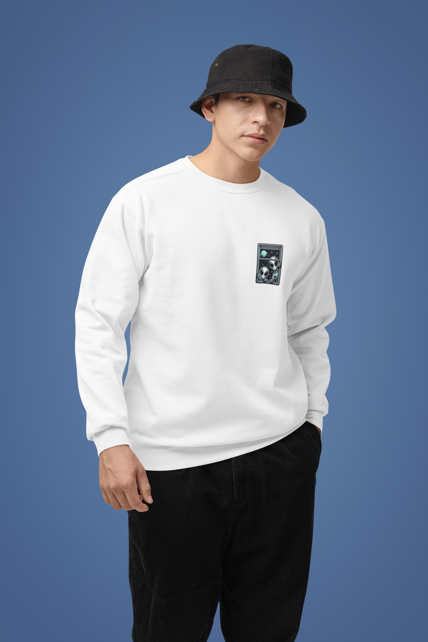 Emonke 350 GSM Oversized White Graphic Sweatshirt for Men - Alien