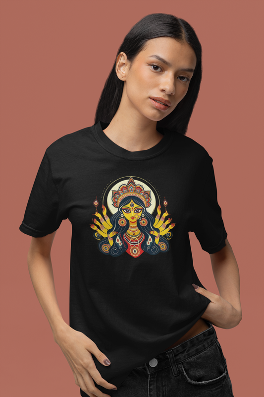 Premium Cotton Black Graphic T-Shirt for Women - Durga