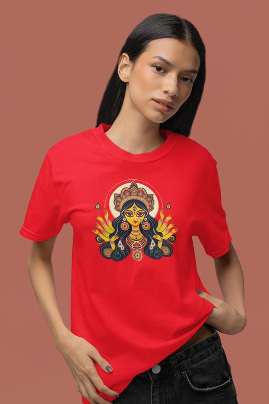 Premium Cotton Red Graphic T-Shirt for Women - Durga