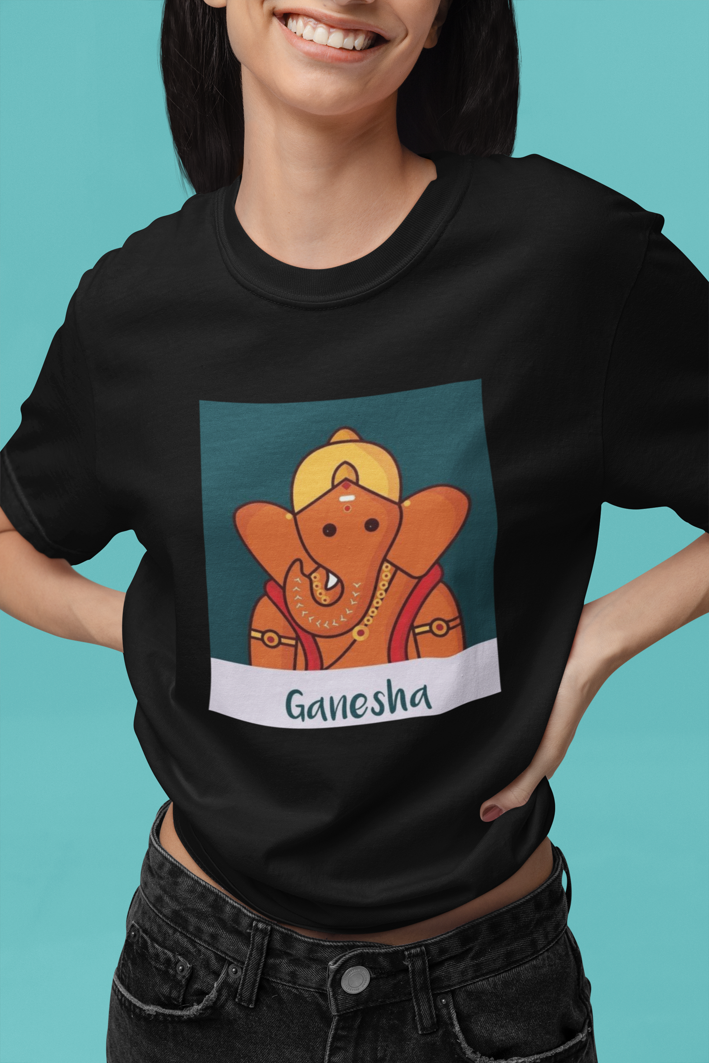 Premium Cotton Black Graphic T-Shirt for Women - Ganesha