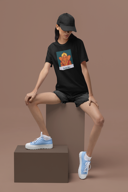Premium Cotton Black Graphic T-Shirt for Women - Ganesha