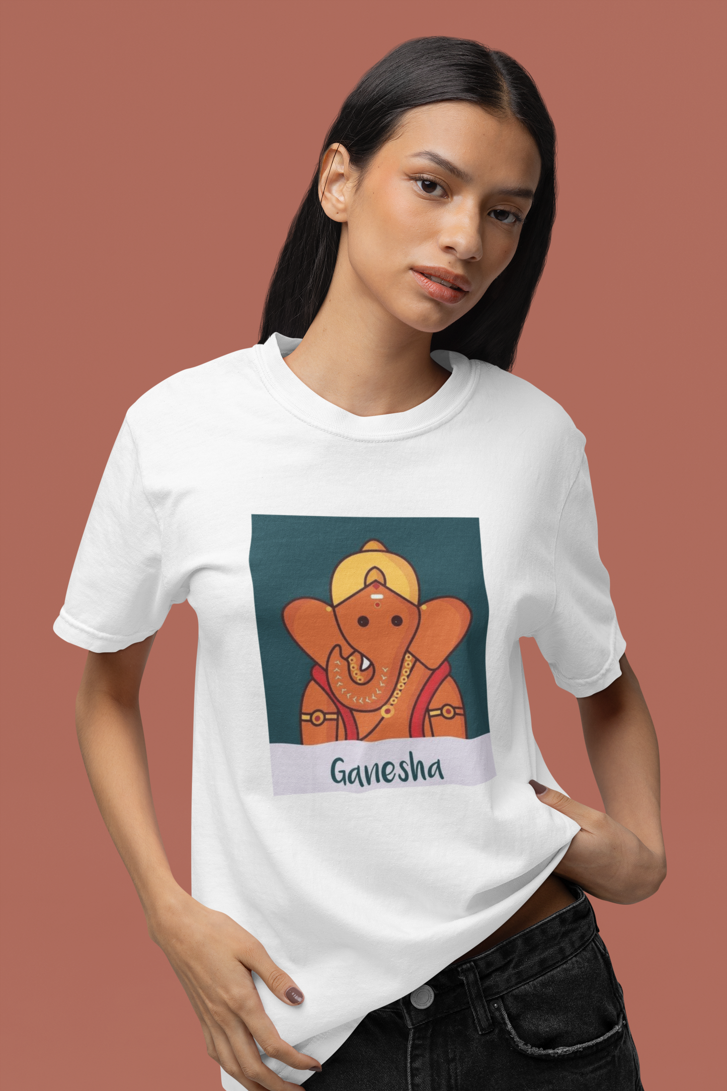 Premium Cotton White Graphic T-Shirt for Women - Ganesha