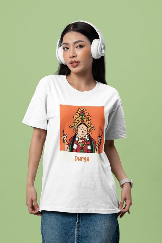 Premium Cotton White Graphic T-Shirt for Women - Durga