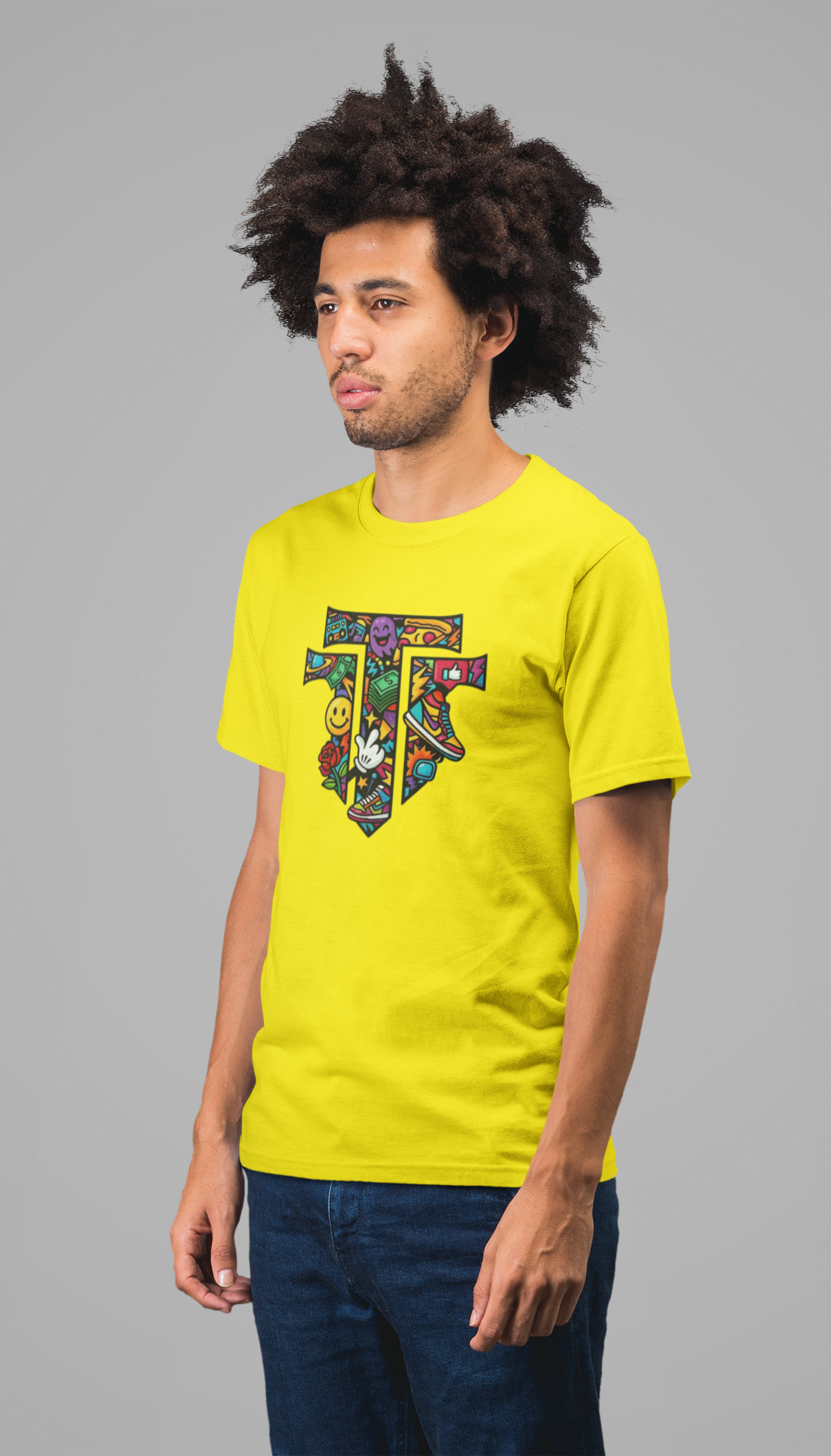 Premium Cotton Yellow Graphic T-Shirt for Men - Graffiti Art