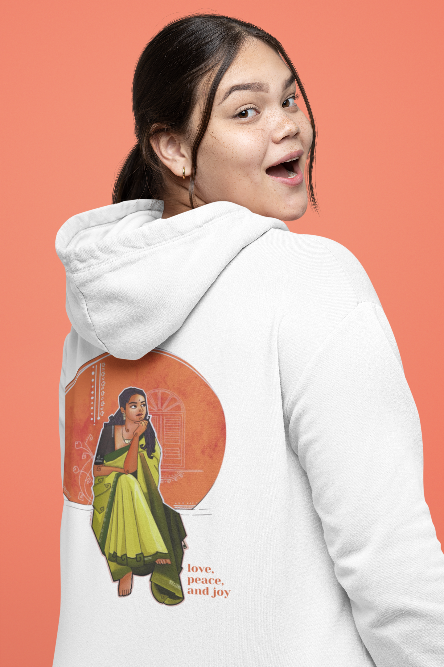 Emonke 350 GSM White Oversized Hoodies for Women - Love, Peace and Joy