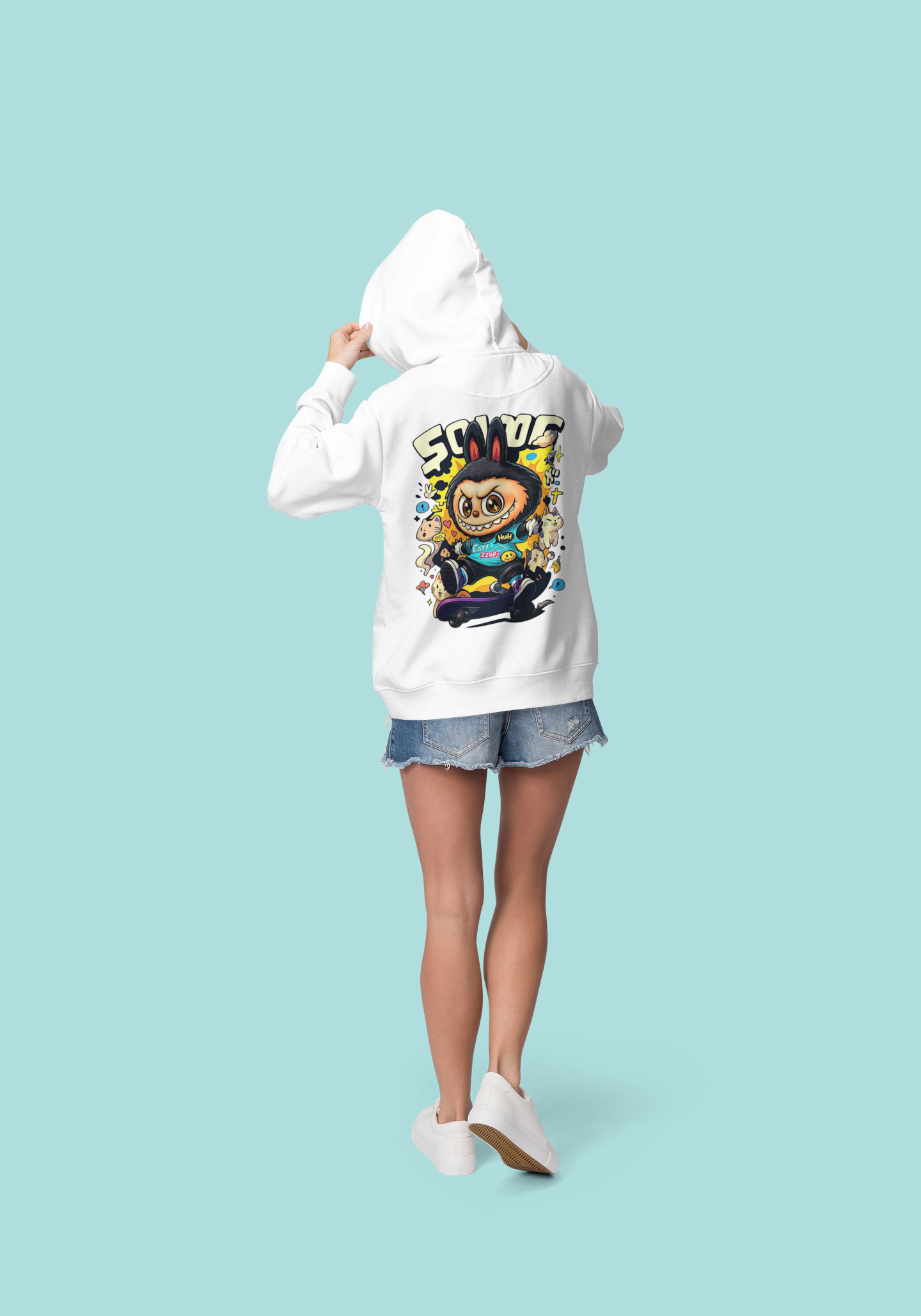 Emonke 350 GSM White Oversized Hoodies for Women - Labubu