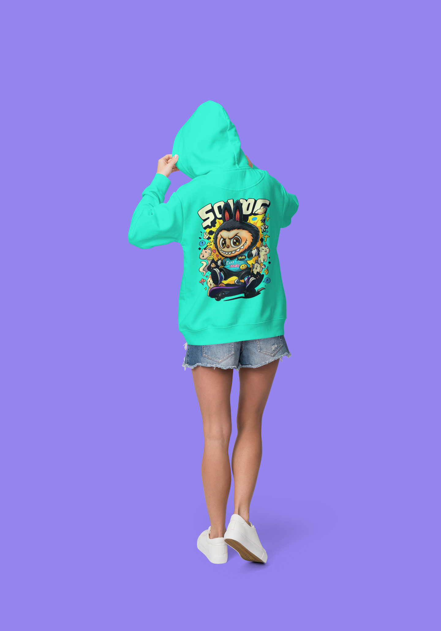 Emonke 350 GSM Aquamarine Oversized Hoodies for Women - Labubu