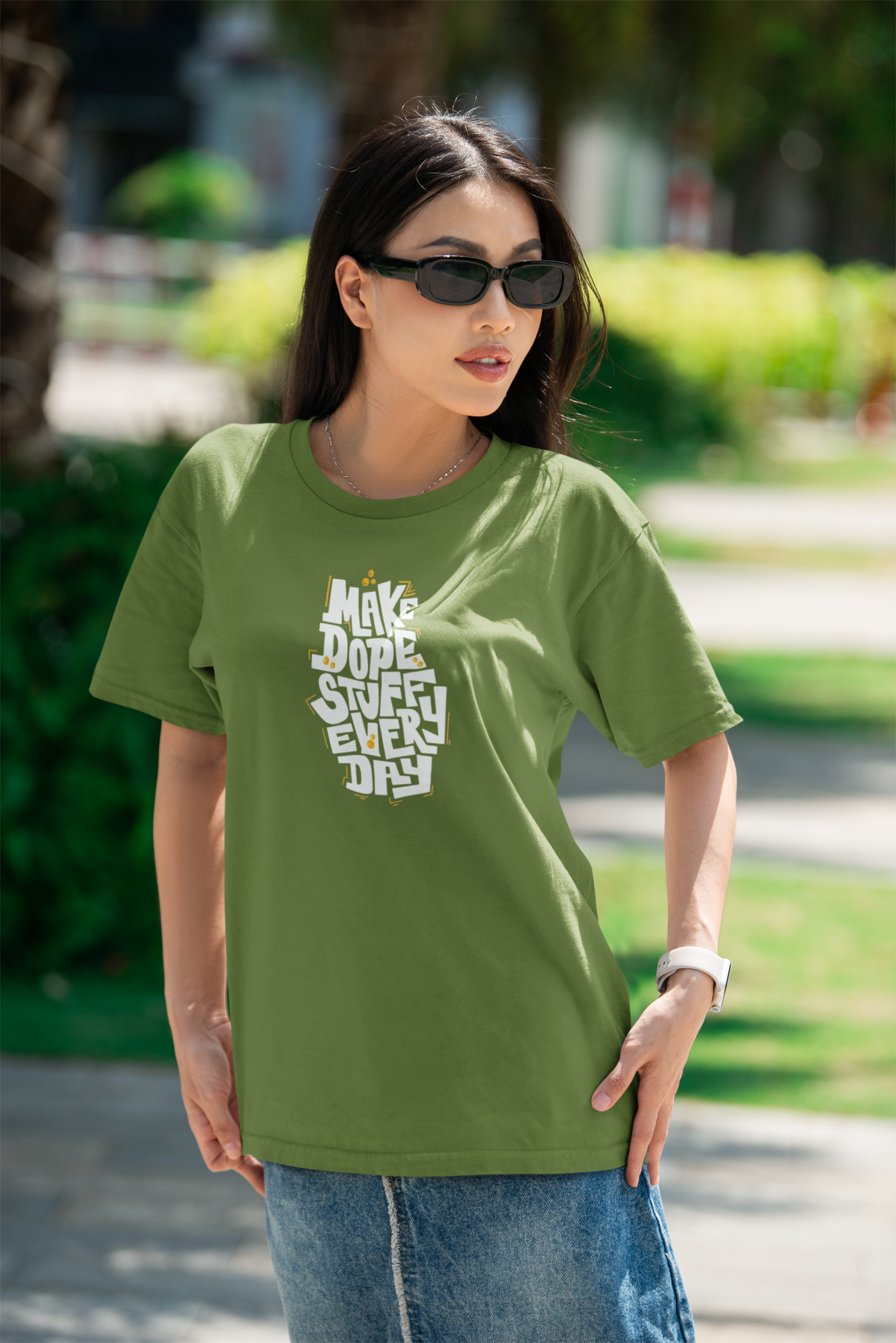 Premium Cotton Oliver Green Graphic T-Shirt for Women - Make Dope Stuff - Emonke Store