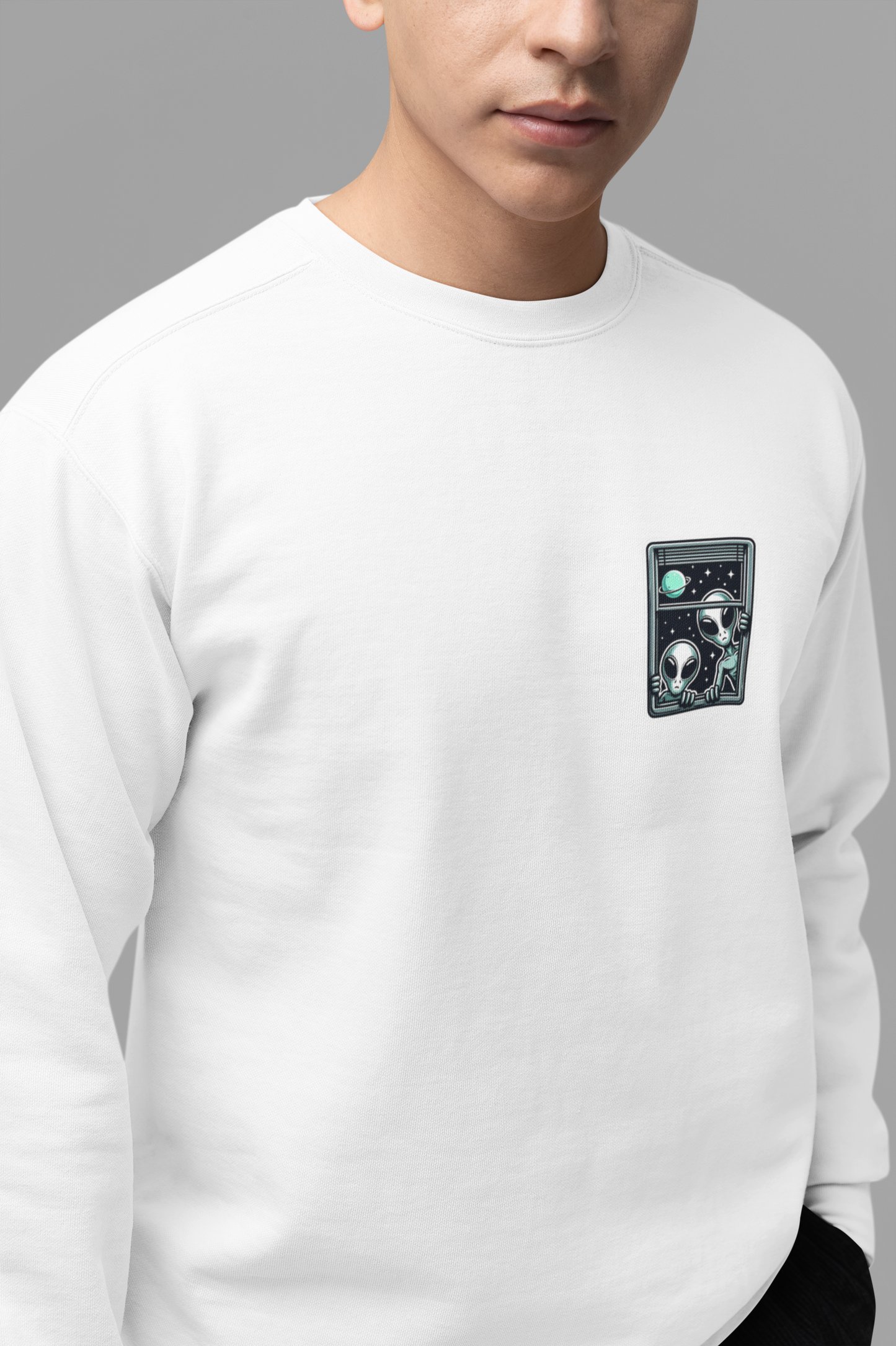 Emonke 350 GSM Oversized White Graphic Sweatshirt for Men - Alien